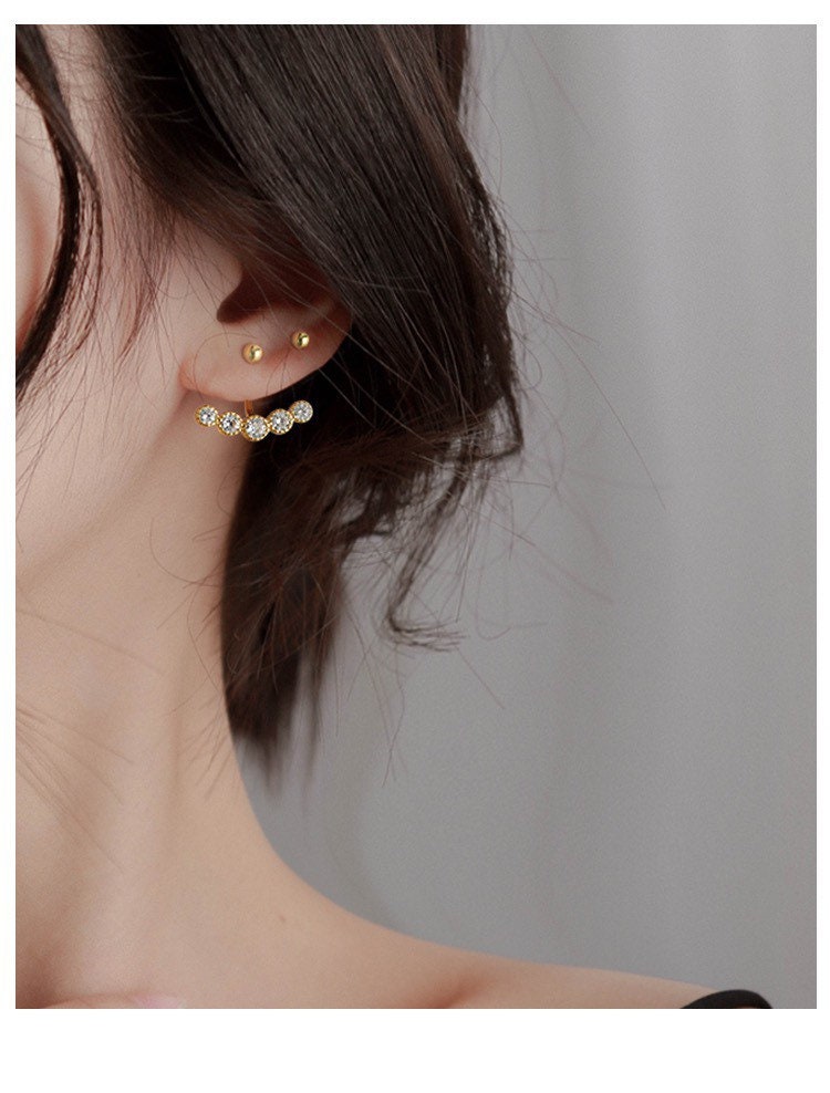 2 ways to wearing 14 k gold ear stud crawler earrings, 925 silver Ear Climber, Rhinestone earring,Bridesmaid Birthday Gifts