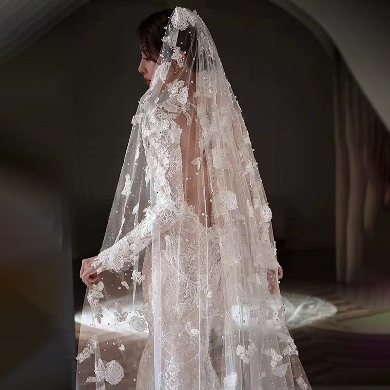 Handmade pearls lace veil