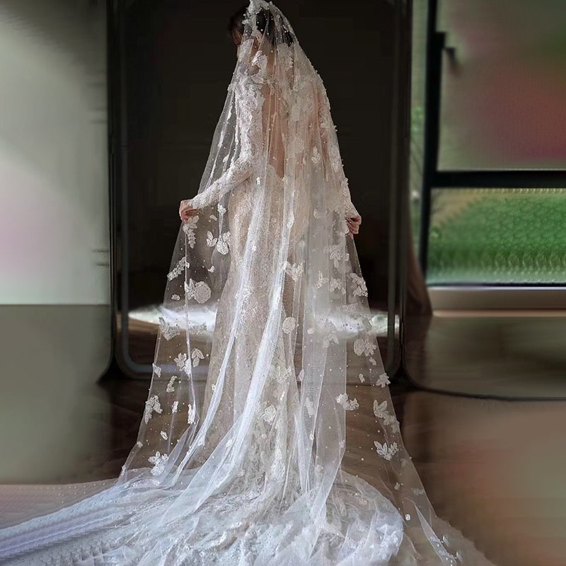 Handmade pearls lace veil