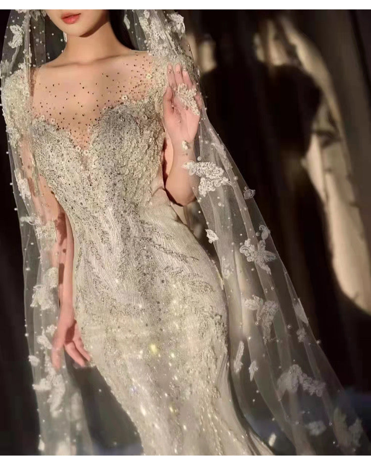 Handmade pearls lace veil