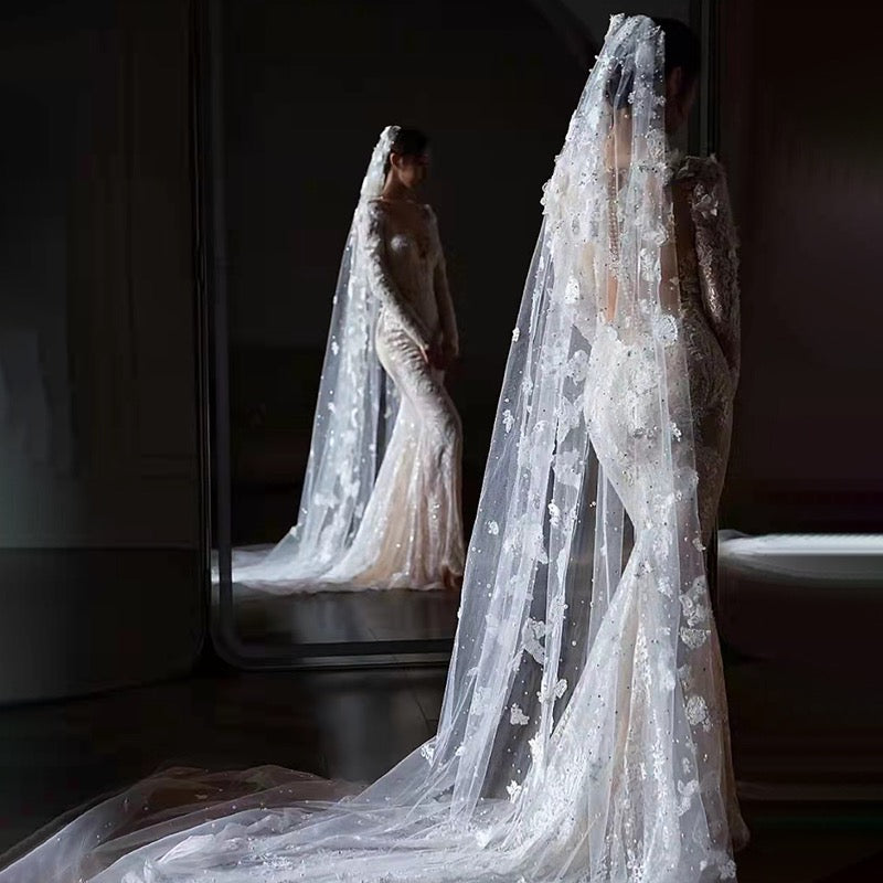 Handmade pearls lace veil