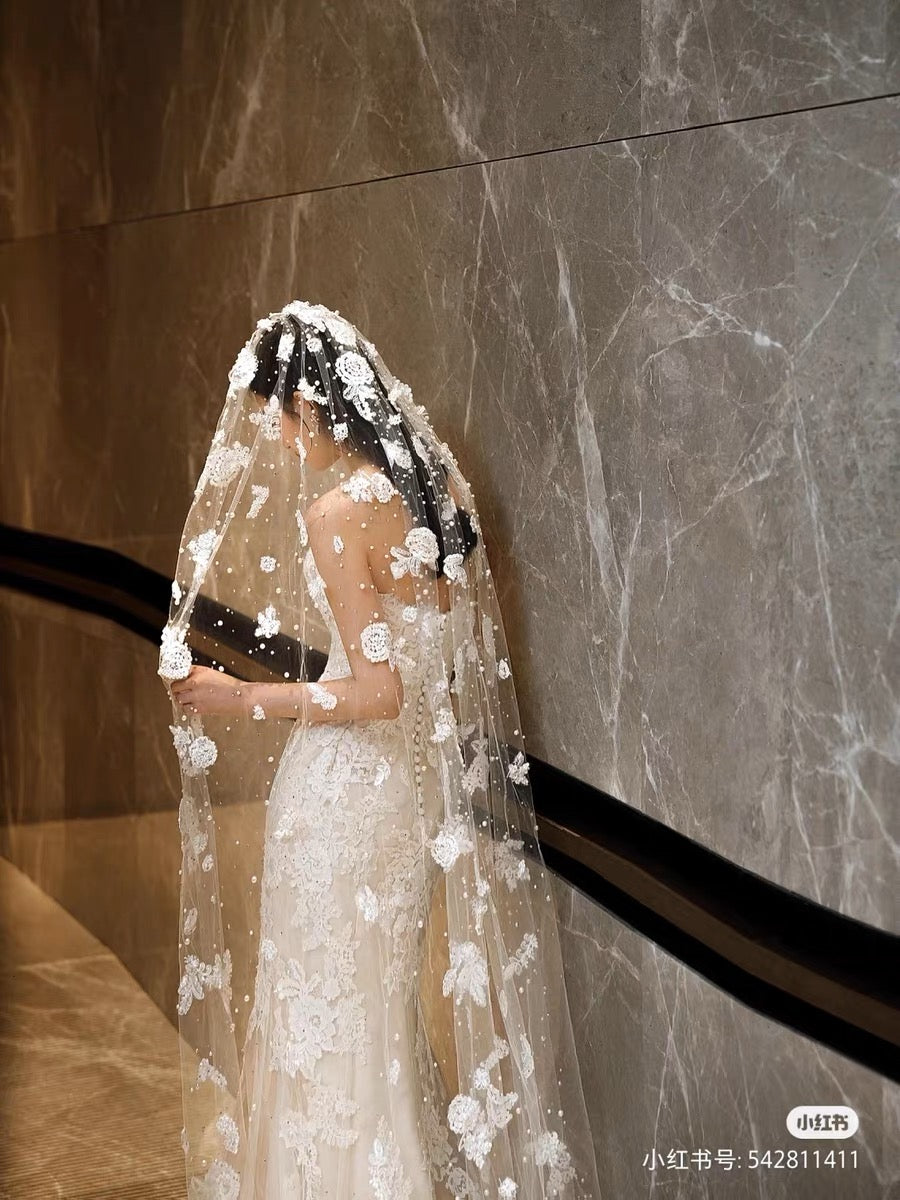 Handmade pearls lace veil