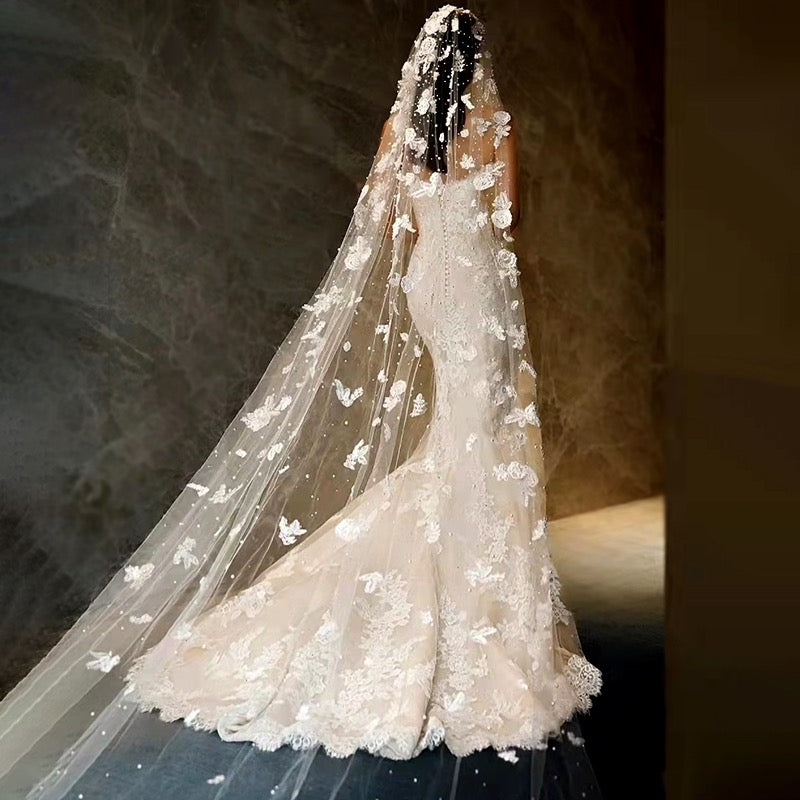Handmade pearls lace veil