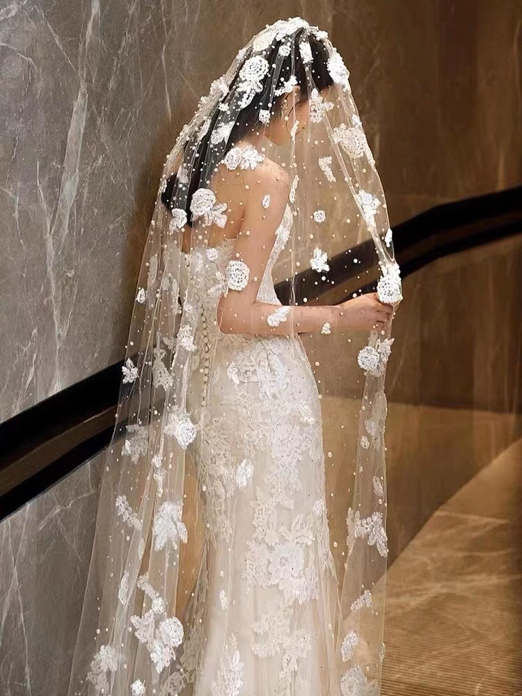 Handmade pearls lace veil