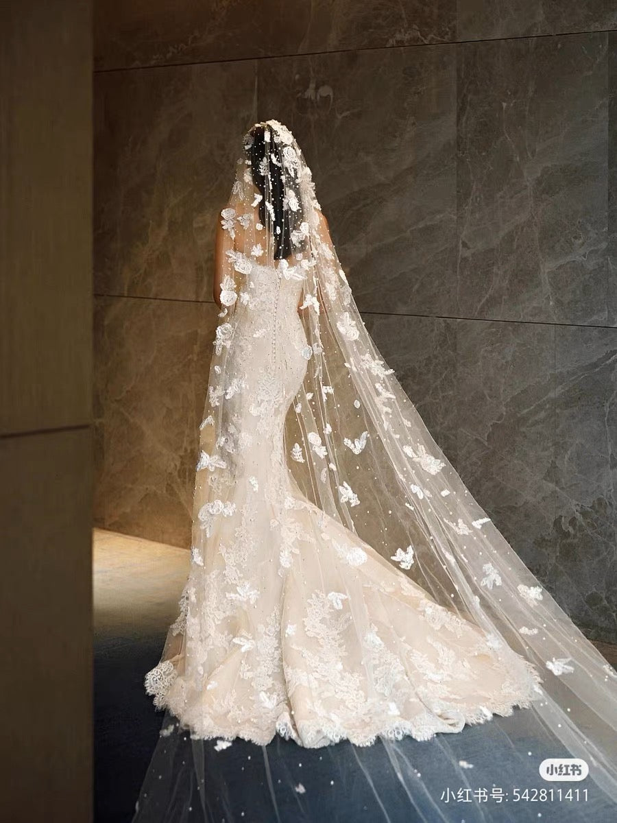 Handmade pearls lace veil