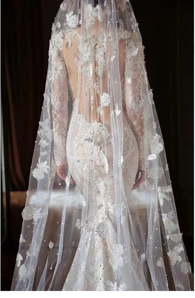 Handmade pearls lace veil
