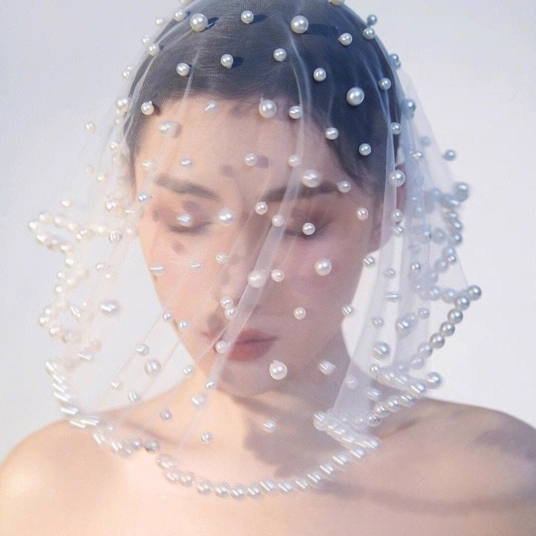 Handmade pearls wedding veil-Bridal modern veil-Simple Veil-Single layer Veil-Event veil