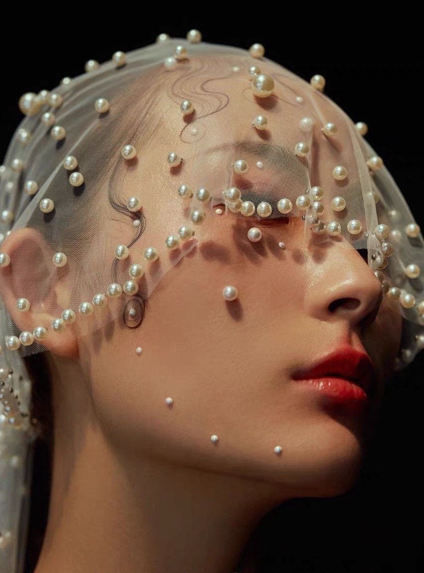 Handmade pearls lace wedding veil-Beautiful handmade lace head yarn-Bridal veil