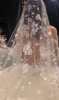 Handmade Flowers lace  White/Champagne Long Bridal Veil