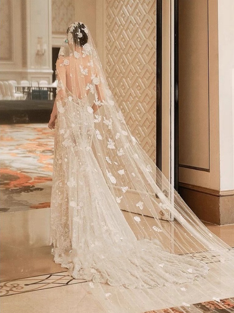 Handmade Flowers lace  White/Champagne Long Bridal Veil