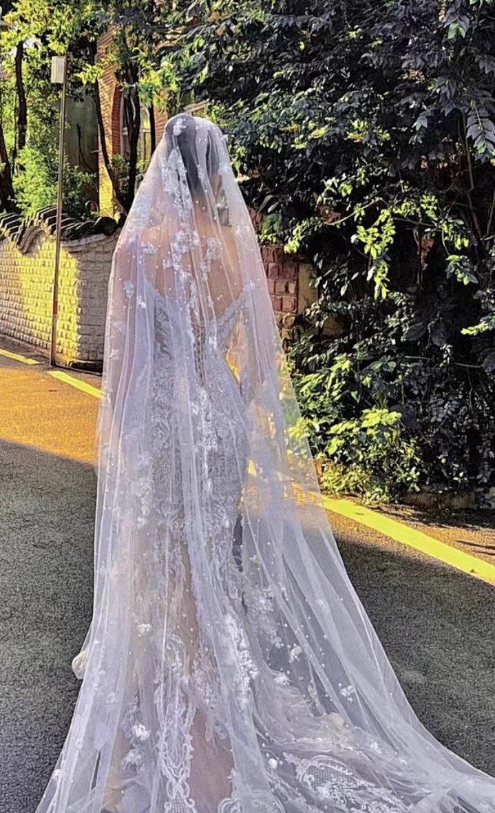 Handmade Flowers lace  White/Champagne Long Bridal Veil