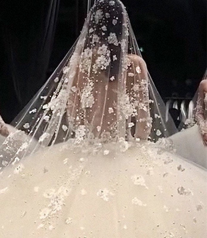 Handmade Flowers lace  White/Champagne Long Bridal Veil