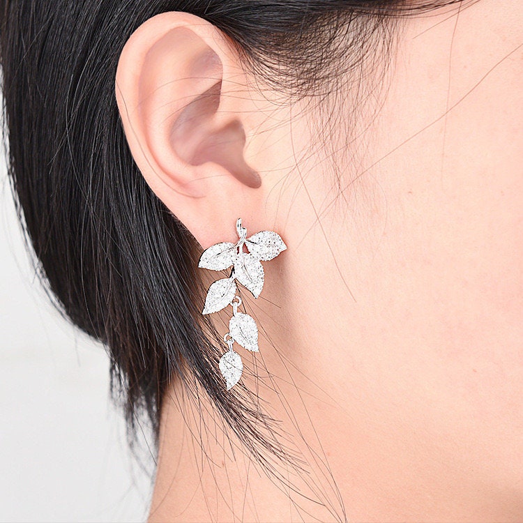 Handmade Jewelry leaf earrings crawler earrings, 925 silver Ear Climber, Bridal Earrings,Bridesmaid  Gifts-CZ Earrings