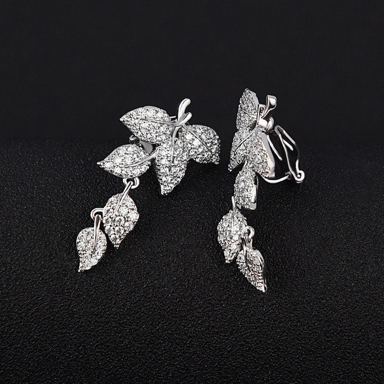 Handmade Jewelry leaf earrings crawler earrings, 925 silver Ear Climber, Bridal Earrings,Bridesmaid  Gifts-CZ Earrings