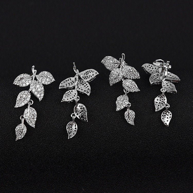Handmade Jewelry leaf earrings crawler earrings, 925 silver Ear Climber, Bridal Earrings,Bridesmaid  Gifts-CZ Earrings
