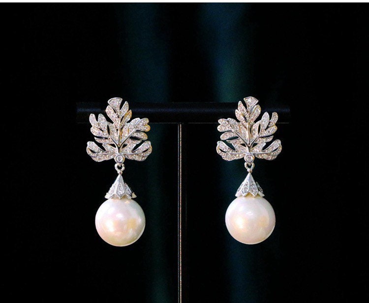Handmade jewelry Luxury Fresh water Pearl Earrings -Cubic Zircon Wedding Earrings-Engagement Party Earrings-925 silver ear studs