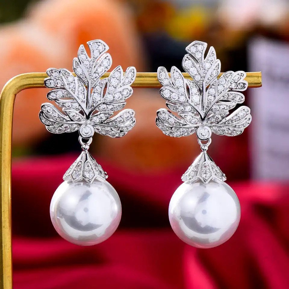 Handmade jewelry Luxury Fresh water Pearl Earrings -Cubic Zircon Wedding Earrings-Engagement Party Earrings-925 silver ear studs